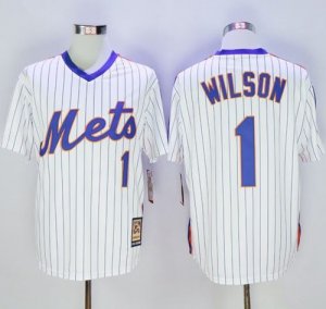 Mitchell and Ness New York Mets #1 Mookie Wilson Stitched White Blue Strip Throwback Baseball Jersey