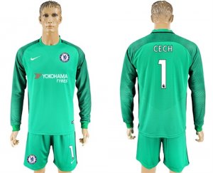 2017-18 Chelsea 1 CECH Green Goalkeeper Long Sleeve Soccer Jersey