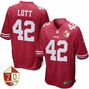 Men\'s San Francisco 49ers #42 Ronnie Lott Nike Scarlet 70th Anniversary Patch Retired Game Jersey