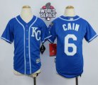 Youth Kansas City Royals #6 Lorenzo Cain Blue Alternate 2 Cool Base W 2015 World Series Patch Stitched MLB Jersey