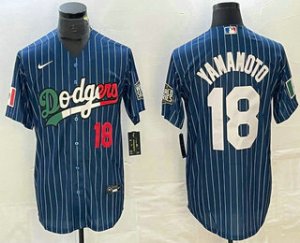 Men\'s Los Angeles Dodgers #18 Yoshinobu Yamamoto Number Navy Blue Pinstripe Mexico 2020 World Series Cool Base Nike Jersey1