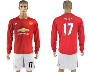 Manchester United #17 Blind Red Home Long Sleeves Soccer Club Jersey