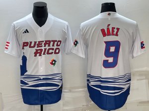 Men\'s Puerto Rico 9 Javier Baez White 2023 World Baseball Classic Jersey