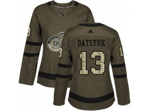 Women Adidas Detroit Red Wings #13 Pavel Datsyuk Green Salute to Service Stitched NHL Jersey