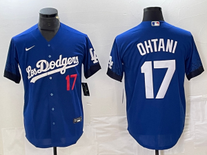 Men\'s Los Angeles Dodgers #17 Shohei Ohtani Number Blue 2021 City Connect Cool Base Stitched Jersey