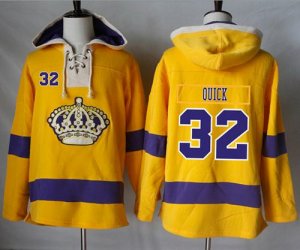 Mens Los Angeles Kings #32 Jonathan Quick Gold Sawyer Hooded Sweatshirt Stitched NHL Jersey