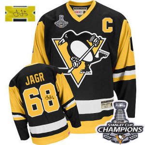 Mens CCM Pittsburgh Penguins #68 Jaromir Jagr Authentic Black Throwback Autographed 2016 Stanley Cup Champions NHL Jersey