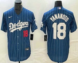 Men\'s Los Angeles Dodgers #18 Yoshinobu Yamamoto Number Blue Pinstripe Cool Base Stitched Baseball Jersey1