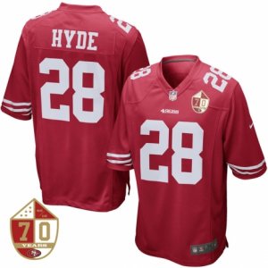 Men\'s San Francisco 49ers #28 Carlos Hyde Nike Scarlet 70th Anniversary Patch Game Jersey
