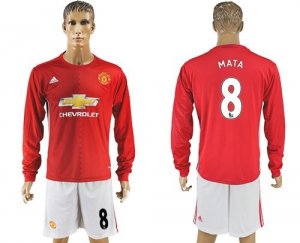 Manchester United #8 Mata Red Home Long Sleeves Soccer Club Jersey