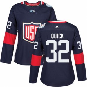 Women\'s Adidas Team USA #32 Jonathan Quick Premier Navy Blue Away 2016 World Cup Hockey Jersey