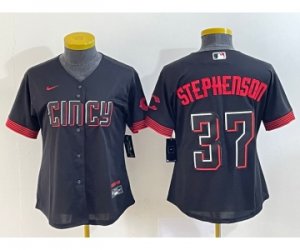 Women\'s Cincinnati Reds #37 Tyler Stephenson Black 2023 City Connect Cool Base Stitched Jersey1