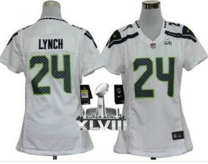 Nike Seattle Seahawks #24 Marshawn Lynch White Super Bowl XLVIII Women Stitched NFL Elite Jersey