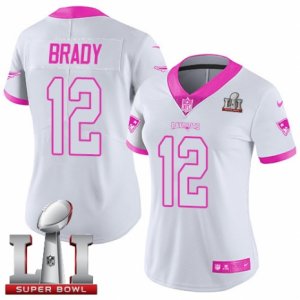 Womens Nike New England Patriots #12 Tom Brady Limited White Pink Rush Fashion Super Bowl LI 51 NFL Jersey