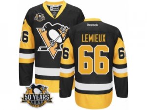 Men\'s Reebok Pittsburgh Penguins #66 Mario Lemieux Authentic Black Gold Third 50th Anniversary Patch NHL Jersey