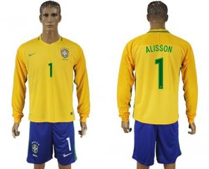 Brazil #1 Alisson Home Long Sleeves Soccer Country Jersey