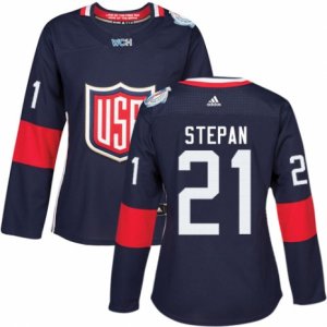 Women\'s Adidas Team USA #21 Derek Stepan Premier Navy Blue Away 2016 World Cup Hockey Jersey