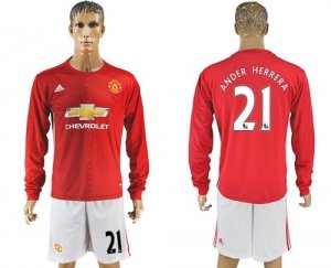 Manchester United #21 Ander Herrera Red Home Long Sleeves Soccer Club Jersey