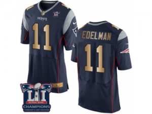Mens Nike New England Patriots #11 Julian Edelman Elite Navy Gold Team Color Super Bowl LI Champions NFL Jersey