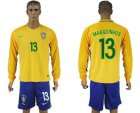 Brazil #13 Marquinhos Home Long Sleeves Soccer Country Jersey