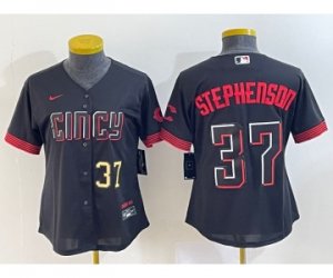 Women\'s Cincinnati Reds #37 Tyler Stephenson Number Black 2023 City Connect Cool Base Stitched Jersey1