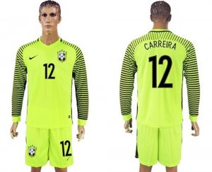 Brazil #12 Carreira Green Long Sleeves Goalkeeper Soccer Country Jersey