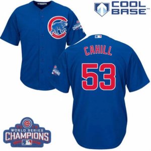 Youth Majestic Chicago Cubs #53 Trevor Cahill Authentic Royal Blue Alternate 2016 World Series Champions Cool Base MLB Jersey