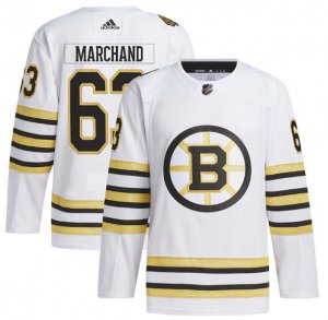 Men\'s Boston Bruins #63 Brad Marchand White 100th Anniversary Primegreen Stitched Jersey
