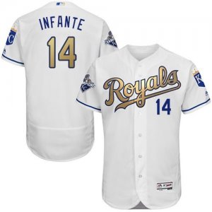 Kansas City Royals #14 Omar Infante White 2015 World Series Champions Gold Program FlexBase Authentic Stitched MLB Jersey