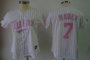 MLB Women Jerseys Minnesota Twins #7 Mauer White[pink strip]