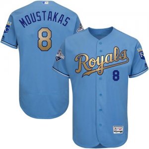 Kansas City Royals #8 Mike Moustakas Light Blue FlexBase Authentic 2015 World Series Champions Gold Program Stitched Baseball Jersey