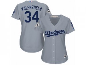 Women Majestic Los Angeles Dodgers #34 Fernando Valenzuela Replica Grey Road 2017 World Series Bound Cool Base MLB Jersey