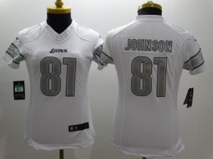 Nike Women Detroit Lions #81 Calvin Johnson Platinum White Jerseys