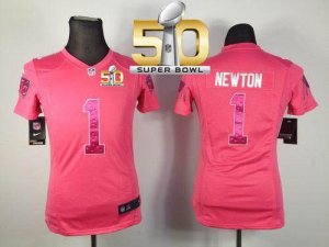 Women Nike Panthers #1 Cam Newton Pink Sweetheart Super Bowl 50 Stitched Jersey