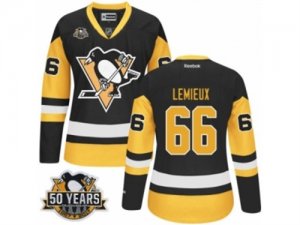 Womens Reebok Pittsburgh Penguins #66 Mario Lemieux Authentic Black Gold Third 50th Anniversary Patch NHL Jersey