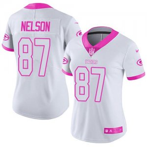 Womens Nike Green Bay Packers #87 Jordy Nelson White Pink Stitched NFL Limited Rush Fashion Jersey