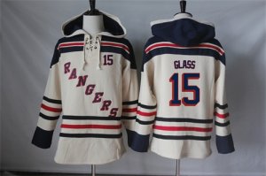 Mens New York Rangers #15 Tanner Glass Cream Sawyer Hooded Sweatshirt Stitched NHL Jersey