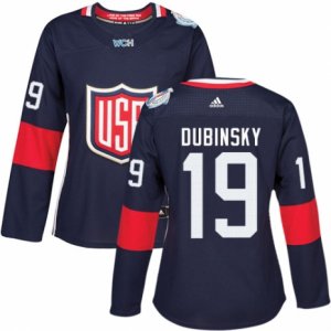 Women\'s Adidas Team USA #19 Brandon Dubinsky Authentic Navy Blue Away 2016 World Cup Hockey Jersey