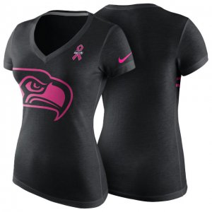 Women\'s Seattle Seahawks Black Breast Cancer Awareness Tri-Blend V-Neck T-Shirt