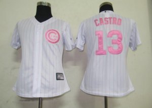 MLB Women Jerseys Chicago Cubs #13 Castro White[pink strip]