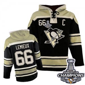 Youth Old Time Hockey Pittsburgh Penguins #66 Mario Lemieux Premier Black Sawyer Hooded Sweatshirt 2016 Stanley Cup Champions Bound