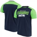 Seattle Seahawks NFL Pro Line by Fanatics Branded Iconic Color Blocked T-Shirt College NavyNeon Green