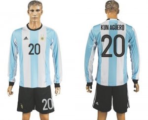 Argentina #20 Kun Aguero Home Long Sleeves Soccer Country Jersey