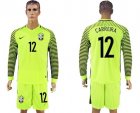 Brazil #12 Carreira Green Long Sleeves Goalkeeper Soccer Country Jersey