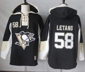 Mens Pittsburgh Penguins #58 Kris Letang Black Pullover Hoodie Stitched NHL Jersey