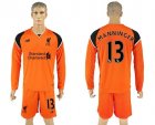 Liverpool #13 Manninger Orange Goalkeeper Long Sleeves Soccer Club Jersey