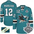 Mens Reebok San Jose Sharks #12 Patrick Marleau Authentic Teal Green Home Autographed 2016 Stanley Cup Final Bound NHL Jersey