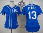 Women Kansas City Royals #13 Salvador Perez Blue Alternate 2 W 2015 World Series Patch Stitched MLB Jersey