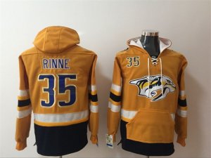 Predators #35 Pekka Rinne Yellow All Stitched Hooded Sweatshirt