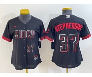 Women\'s Cincinnati Reds #37 Tyler Stephenson Number Black 2023 City Connect Cool Base Stitched Jersey2